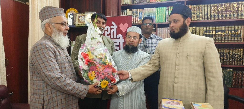 Welcoming guests with a bouquet in the library